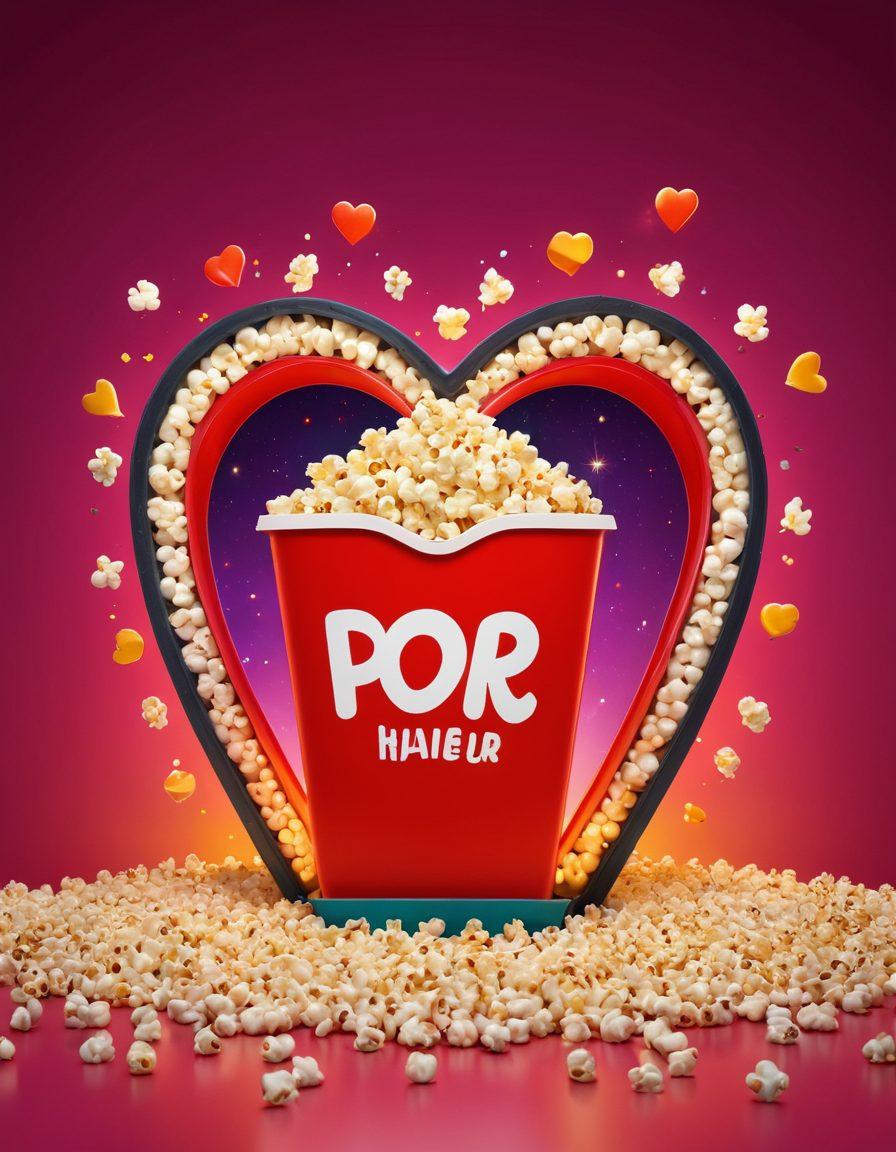 A vibrant and colorful depiction of a cinema screen radiating heart-shaped light, with popcorn and film reels scattered around, symbolizing storytelling. Include characters from various genres emerging from the screen, showcasing joyful expressions. The overall mood should be uplifting and cheerful. Use bright colors and a whimsical, playful art style. super-realistic. vibrant colors. 3D.