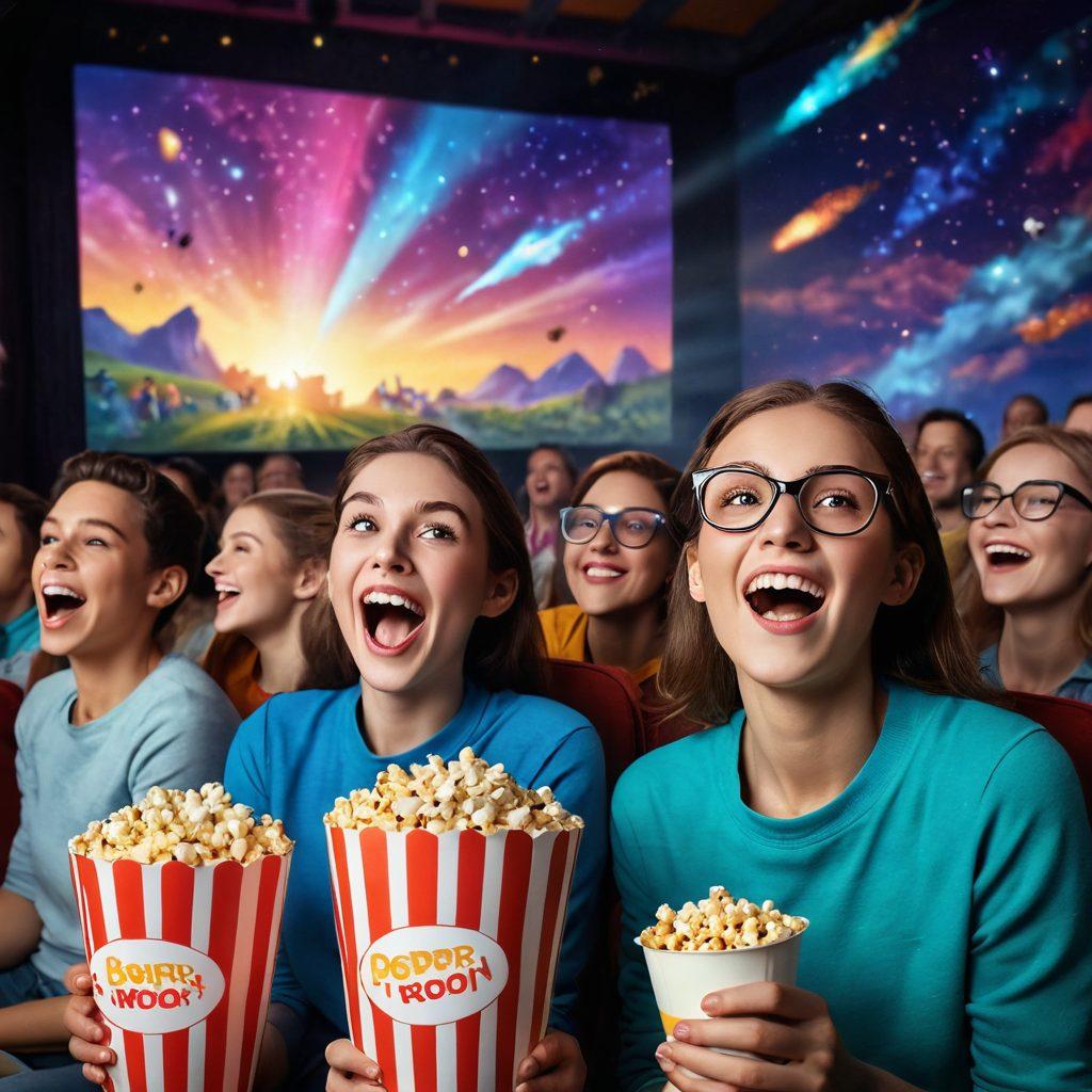 A vibrant cinema scene with a diverse group of people joyfully watching a film, popcorn flying in excitement. The screen displays a colorful fantasy landscape from a magical movie, with dazzling lights and whimsical creatures. Highlight the emotions of awe and wonder on the audience's faces, adding film reels and vintage projectors in the background. Capture the essence of cinematic magic with bright colors and dynamic lighting. super-realistic. vibrant colors. 3D.