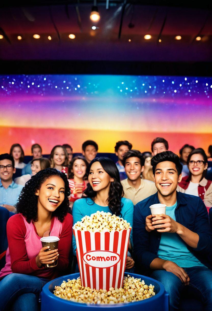 A vibrant cinema scene featuring a diverse group of people joyfully watching a movie, with colorful popcorn and drinks in hand. The screen glows with bright, cheerful scenes from various genres, like comedies and animations, creating an atmosphere of excitement. Surround them with cozy seating, twinkling fairy lights, and a whimsical film reel design framing the image. super-realistic. vibrant colors. warm lighting.